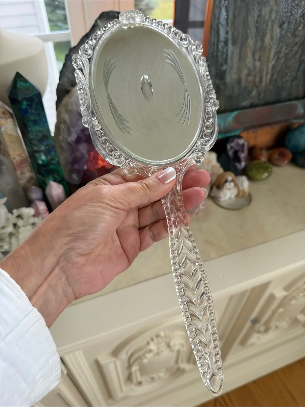 Vintage Clear Lucite Handheld Vanity Mirror